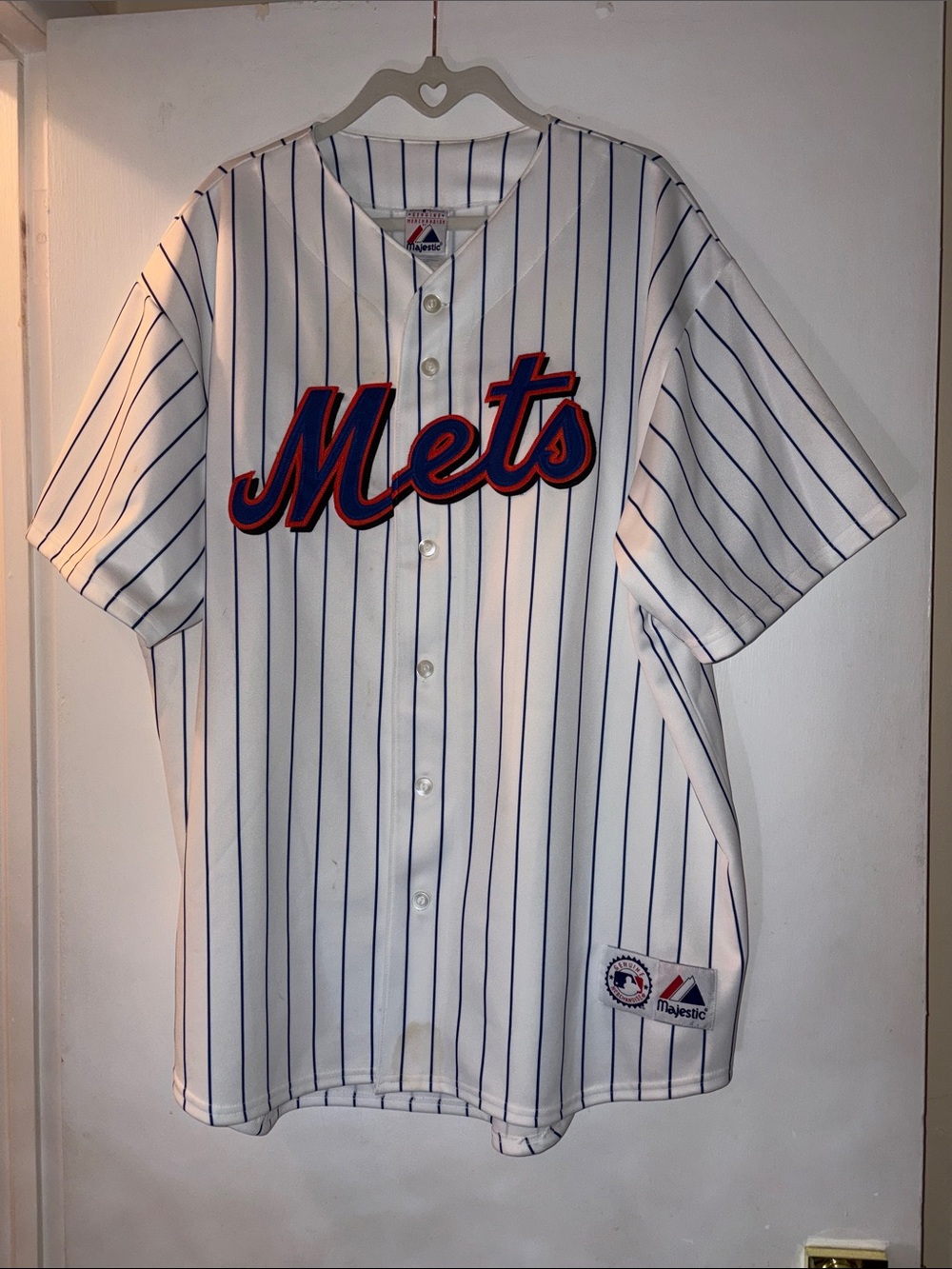 Majestic White and Blue New York Mets Pinstripe Button Jersey